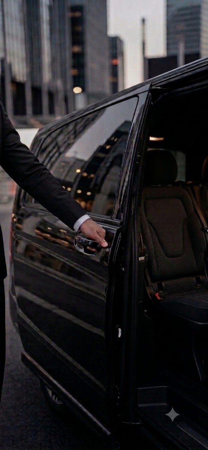 Limo4me chauffeur opening the vehicle door for a passenger in the city